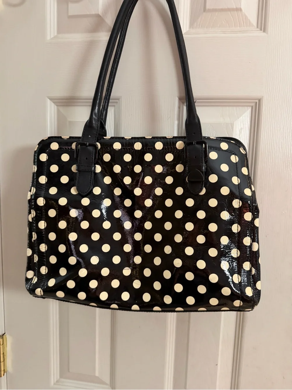 kate spade Black and Cream Polka Dot Patent Tote Bag